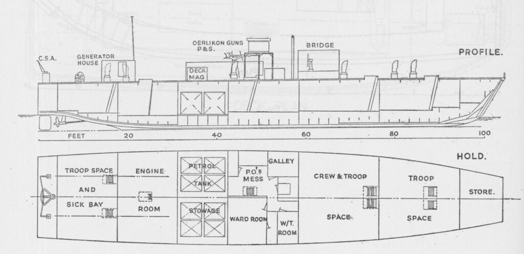 Line drawing of a Landing Craft, Infantry (Small)