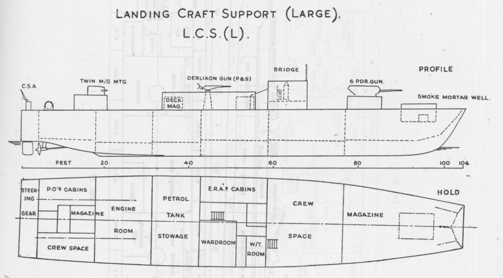 A line drawing of a landing craft showing side and top-down views