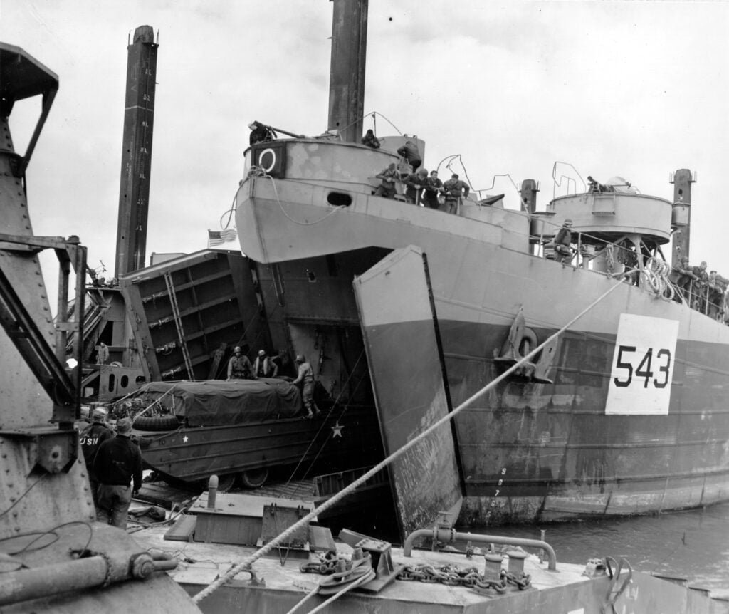 The bow of a Landing Ship, Tank, with the bow doors open