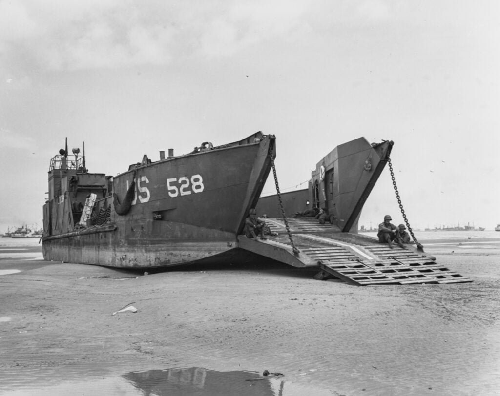Photo ofa Landing Craft, Tank on a beach, seen from the front